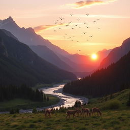 A majestic mountain landscape during sunrise, with a river flowing through the valley, surrounded by lush green forests