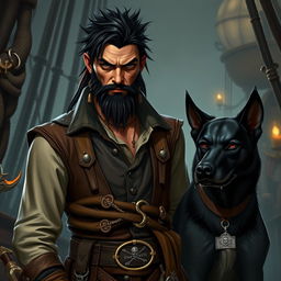 An evil male fantasy pirate with short black hair and a pointy beard, dressed in rugged pirate attire including a leather vest and various belts with pirate insignia