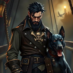 An evil male fantasy pirate with short black hair and a pointy beard, dressed in rugged pirate attire including a leather vest and various belts with pirate insignia