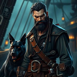 An evil male fantasy pirate with short black hair and a pointy beard, dressed in rugged pirate attire including a leather vest and various belts with pirate insignia