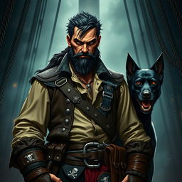 An evil male fantasy pirate with short black hair and a pointy beard, dressed in rugged pirate attire including a leather vest and various belts with pirate insignia