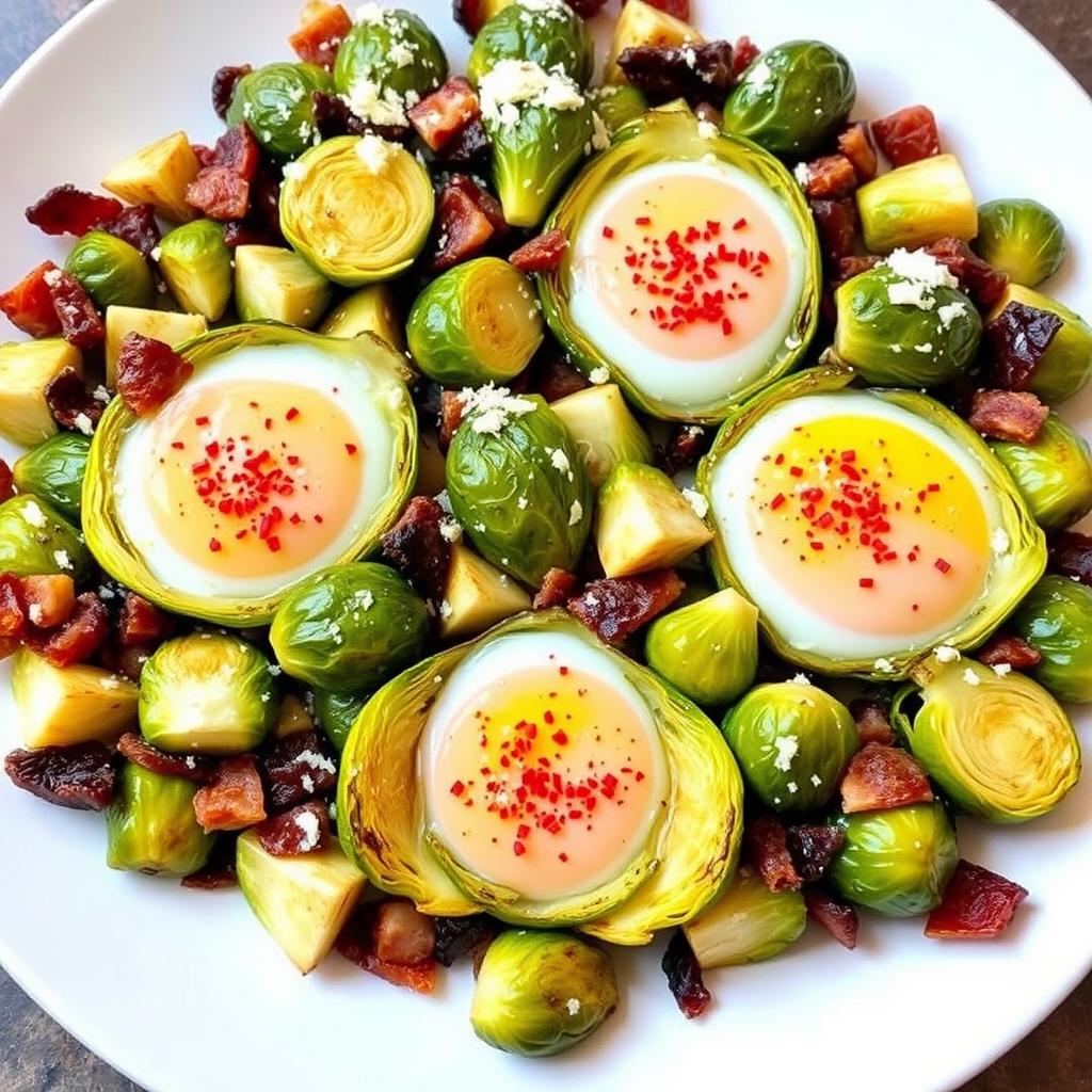 A delectable and vibrant dish of roasted Brussels sprouts and bacon bits, elegantly arranged on a plate