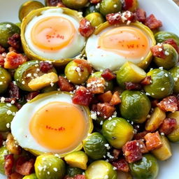 A delectable and vibrant dish of roasted Brussels sprouts and bacon bits, elegantly arranged on a plate