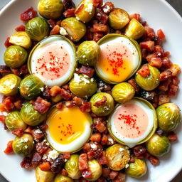 A delectable and vibrant dish of roasted Brussels sprouts and bacon bits, elegantly arranged on a plate