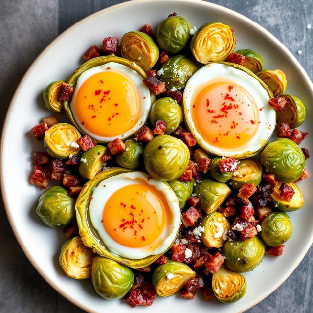 A delectable and vibrant dish of roasted Brussels sprouts and bacon bits, elegantly arranged on a plate