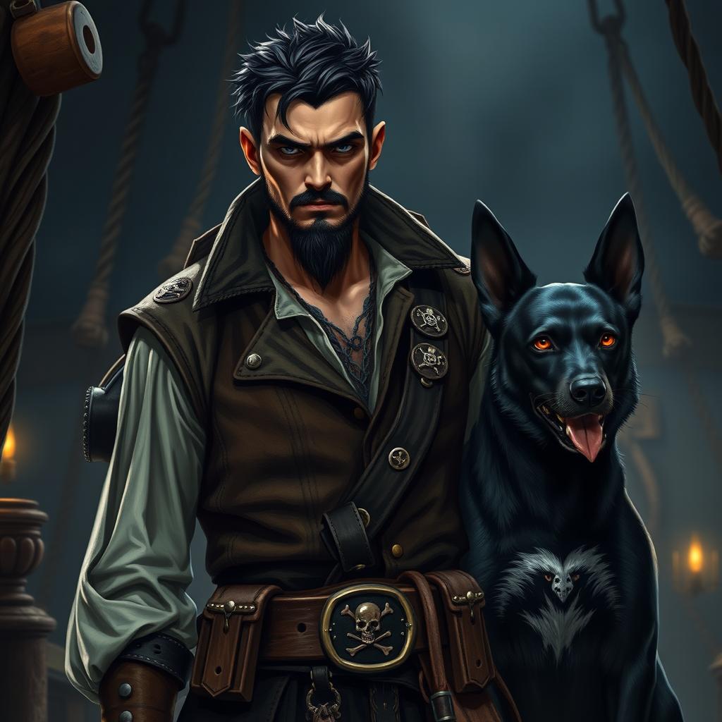 An evil male fantasy pirate with short black hair and a short pointy beard, dressed in rugged pirate attire including a leather vest and various belts with pirate insignia