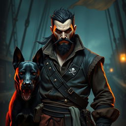 An evil male fantasy pirate with short black hair and a short pointy beard, dressed in rugged pirate attire including a leather vest and various belts with pirate insignia