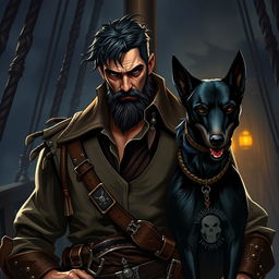 An evil male fantasy pirate with short black hair and a short pointy beard, dressed in rugged pirate attire including a leather vest and various belts with pirate insignia