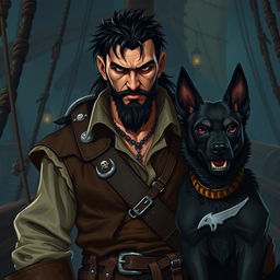 An evil male fantasy pirate with short black hair and a short pointy beard, dressed in rugged pirate attire including a leather vest and various belts with pirate insignia