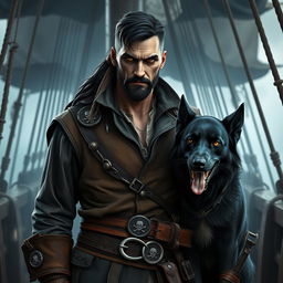 A sinister male fantasy pirate with short black hair and a short pointy beard, clad in rugged pirate garb including a weathered leather vest and belts adorned with pirate symbols