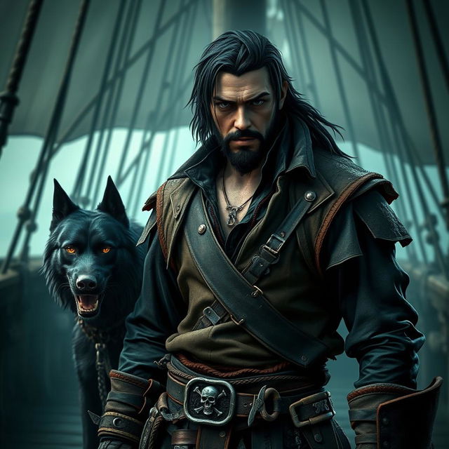 A sinister male fantasy pirate with short black hair and a short pointy beard, clad in rugged pirate garb including a weathered leather vest and belts adorned with pirate symbols