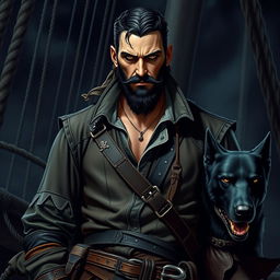 A sinister male fantasy pirate with short black hair and a short pointy beard, clad in rugged pirate garb including a weathered leather vest and belts adorned with pirate symbols