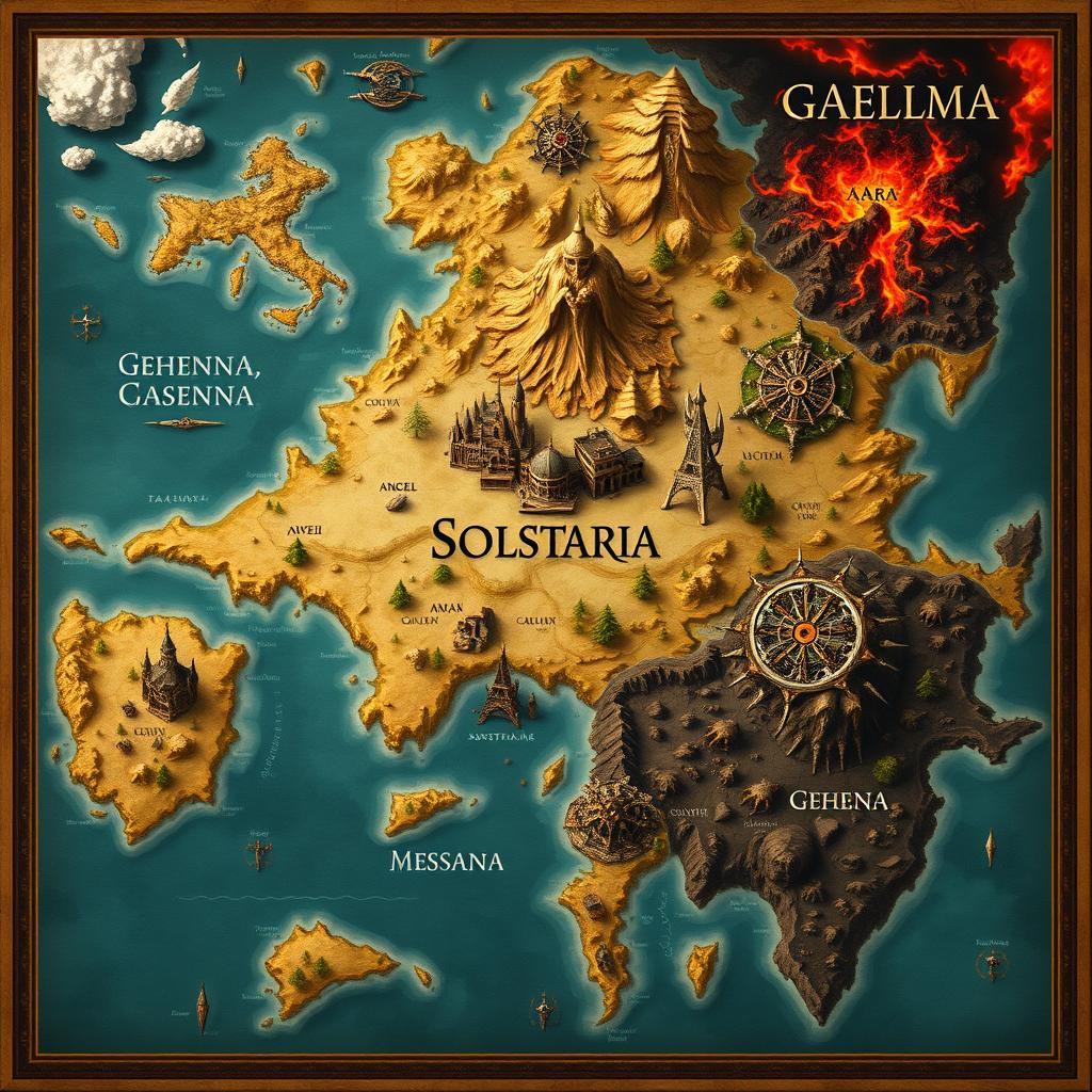 A detailed fantasy map of the world named Solstaria, vividly illustrating the three distinct kingdoms: Gehenna, Caelum, and Ara