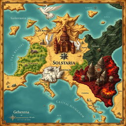 A detailed fantasy map of the world named Solstaria, vividly illustrating the three distinct kingdoms: Gehenna, Caelum, and Ara