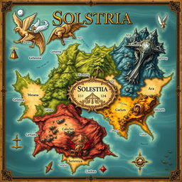 A detailed fantasy map of the world named Solstaria, vividly illustrating the three distinct kingdoms: Gehenna, Caelum, and Ara