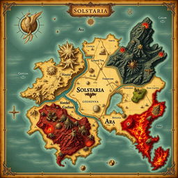 A detailed fantasy map of the world named Solstaria, vividly illustrating the three distinct kingdoms: Gehenna, Caelum, and Ara