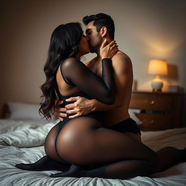 A mature Iranian woman with a voluptuous figure wearing black pantyhose in a consensual and intimate scene with a male partner