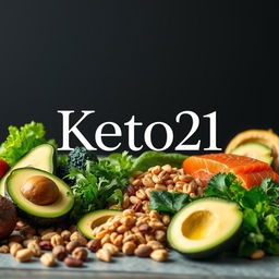 A visually stunning representation of the ketogenic lifestyle, titled "Keto21", showcasing an assortment of vibrant, fresh keto-friendly foods