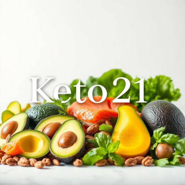 A visually stunning representation of the ketogenic lifestyle, titled "Keto21", showcasing an assortment of vibrant, fresh keto-friendly foods