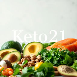 A visually stunning representation of the ketogenic lifestyle, titled "Keto21", showcasing an assortment of vibrant, fresh keto-friendly foods