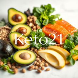 A visually stunning representation of the ketogenic lifestyle, titled "Keto21", showcasing an assortment of vibrant, fresh keto-friendly foods