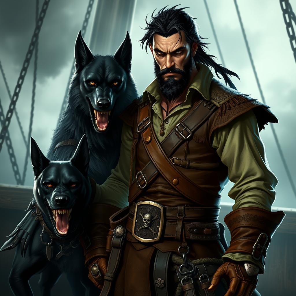 An evil male fantasy pirate with short black hair and a short pointy beard, wearing rugged pirate attire featuring a tough leather vest and several belts displaying pirate insignia