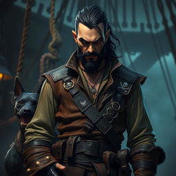 An evil male fantasy pirate with short black hair and a short pointy beard, wearing rugged pirate attire featuring a tough leather vest and several belts displaying pirate insignia