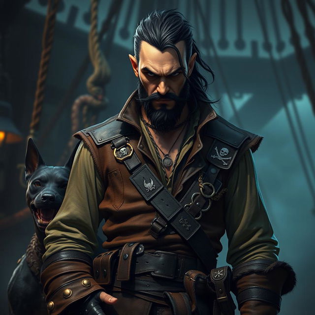 An evil male fantasy pirate with short black hair and a short pointy beard, wearing rugged pirate attire featuring a tough leather vest and several belts displaying pirate insignia