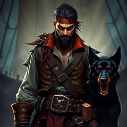 An evil male fantasy pirate with short black hair and a short pointy beard, wearing rugged pirate attire featuring a tough leather vest and several belts displaying pirate insignia