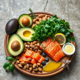 A stunning and artistic representation of the ketogenic diet, featuring a beautifully arranged selection of keto-friendly foods