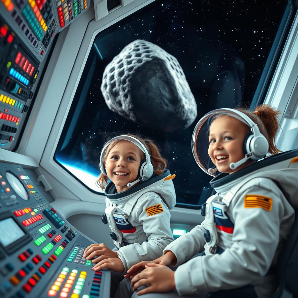 Two young girls wearing astronaut suits inside a brightly lit spaceship cockpit filled with numerous colorful buttons and lights