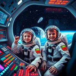 Two young girls wearing astronaut suits inside a brightly lit spaceship cockpit filled with numerous colorful buttons and lights