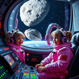 Two young girls wearing astronaut suits inside a brightly lit spaceship cockpit filled with numerous colorful buttons and lights