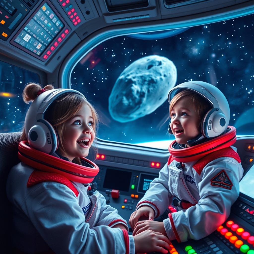 Two young girls wearing astronaut suits inside a brightly lit spaceship cockpit filled with numerous colorful buttons and lights