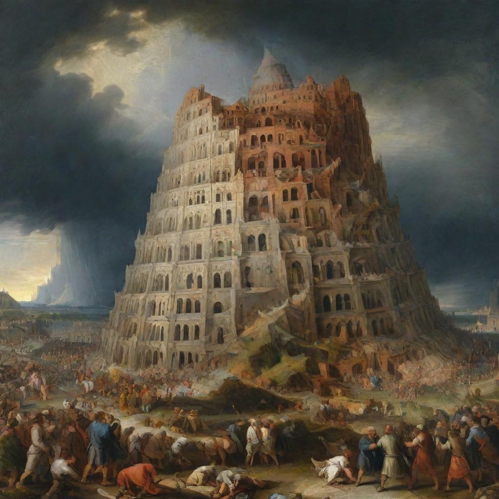 Dramatic depiction of the moment of the fall of the Tower of Babel. People scattering in chaos as the once-mighty tower crumbles under a stormy sky.