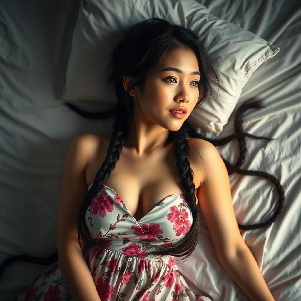 Asian woman with long braided hair, wearing a floral dress, lying on a bed in an alluring pose, soft lighting, warm tones, inviting expression, hair spread out on the bed