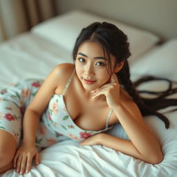 Asian woman with long braided hair, wearing a floral dress, lying on a bed in an alluring pose, soft lighting, warm tones, inviting expression, hair spread out on the bed