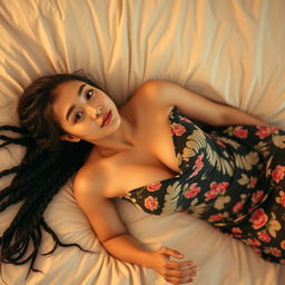 Asian woman with long braided hair, wearing a floral dress, lying on a bed in an alluring pose, soft lighting, warm tones, inviting expression, hair spread out on the bed