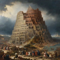 Dramatic depiction of the moment of the fall of the Tower of Babel. People scattering in chaos as the once-mighty tower crumbles under a stormy sky.