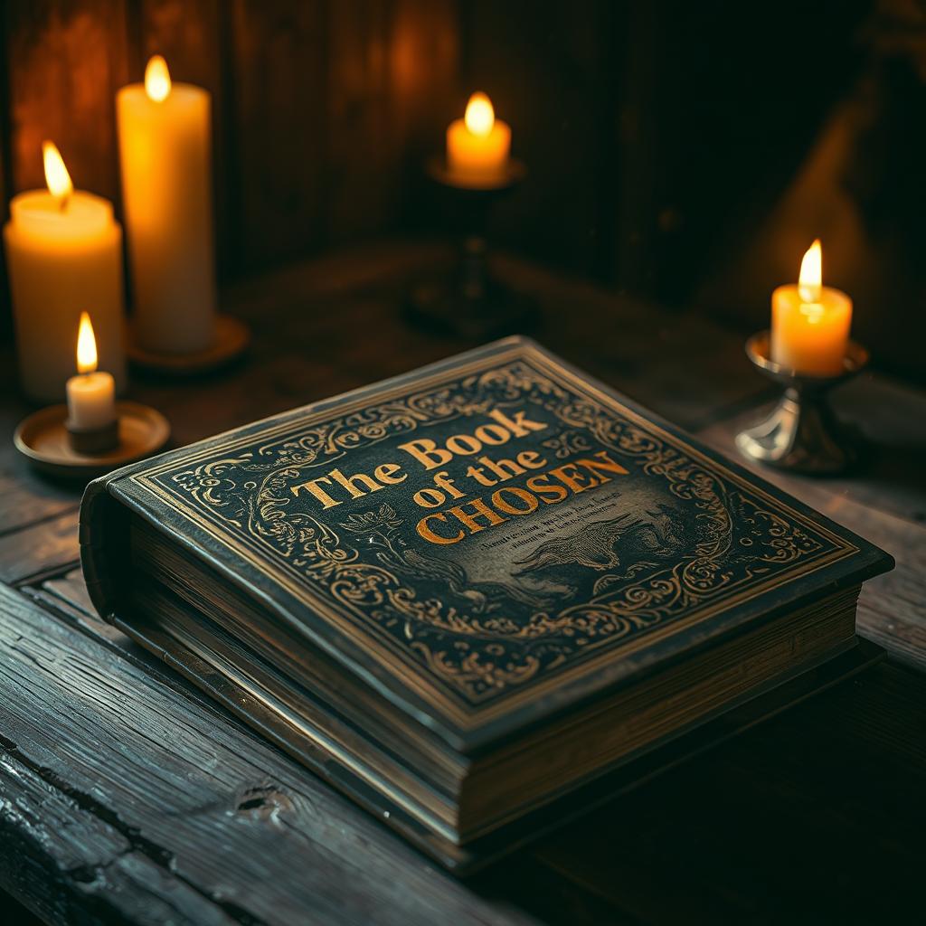 A mystical and ancient book titled 'The Book of the Chosen' lying on an old wooden table