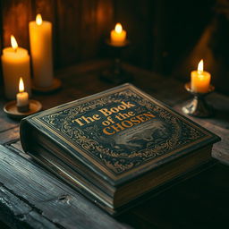 A mystical and ancient book titled 'The Book of the Chosen' lying on an old wooden table