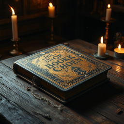 A mystical and ancient book titled 'The Book of the Chosen' lying on an old wooden table