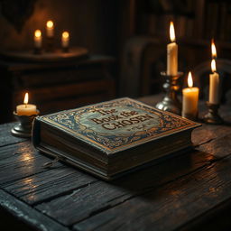 A mystical and ancient book titled 'The Book of the Chosen' lying on an old wooden table