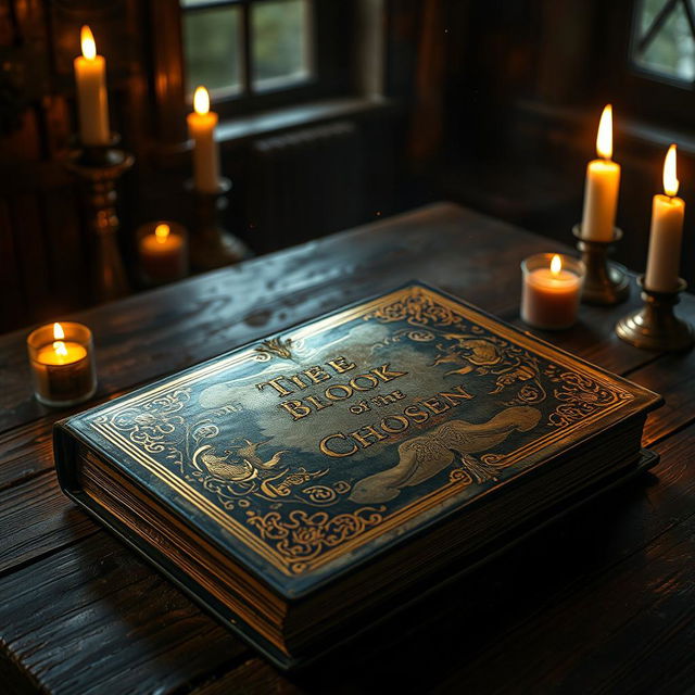 A mystical and ancient book titled 'The Book of the Chosen' lying on an old wooden table