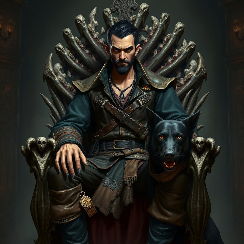 A malevolent male fantasy pirate with short black hair and a short pointy beard, sitting confidently on a throne made of intricately carved bones