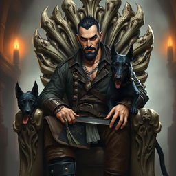 A malevolent male fantasy pirate with short black hair and a short pointy beard, sitting confidently on a throne made of intricately carved bones