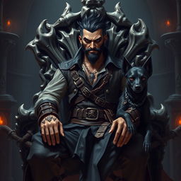 A malevolent male fantasy pirate with short black hair and a short pointy beard, sitting confidently on a throne made of intricately carved bones