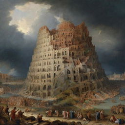 Dramatic depiction of the moment of the fall of the Tower of Babel. People scattering in chaos as the once-mighty tower crumbles under a stormy sky.