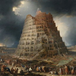 Dramatic depiction of the moment of the fall of the Tower of Babel. People scattering in chaos as the once-mighty tower crumbles under a stormy sky.