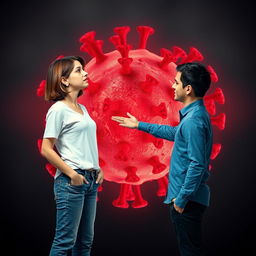 Two individuals, standing on opposite sides of a dramatic, symbolic virus illustration, representing separation and connection